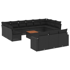 14 pcs conjunto de sofás p/ jardim c/ almofadões vime PE preto H