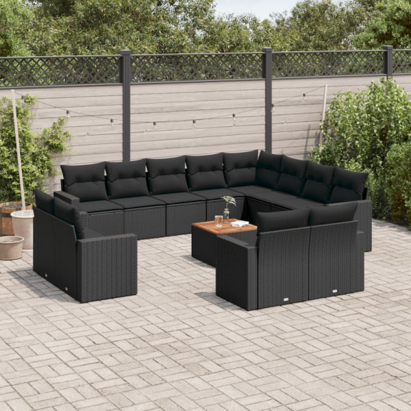 Set de sofás de jardín y cojines 13 pzas ratán sintético negro D