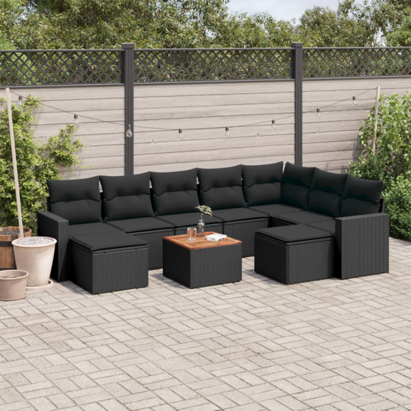 10 pcs conjunto sofás de jardim c/ almofadões vime PE preto D