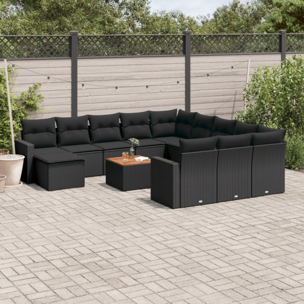 Set de sofás de jardín y cojines 13 pzas ratán sintético negro D