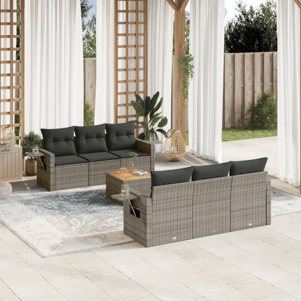 Set de sofás de jardín 7 piezas con cojines ratán PE gris D