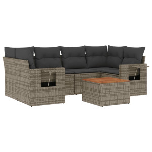 7 pcs conjunto sofás p/ jardim c/ almofadões vime PE cinzento H
