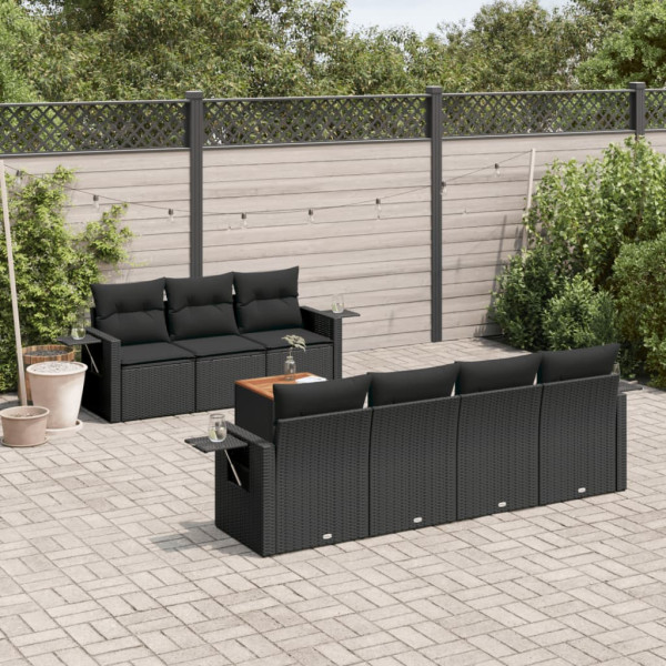 Set de sofás de jardín 8 piezas y cojines ratán sintético negro D