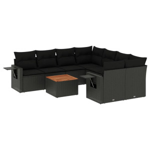 9 pcs conjunto de sofás p/ jardim c/ almofadões vime PE preto H