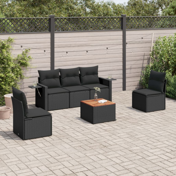 6 pcs conjunto sofás de jardim c/ almofadões vime PE preto D