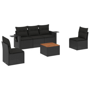 6 pcs conjunto sofás de jardim c/ almofadões vime PE preto H