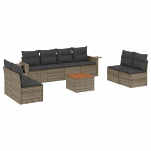 Set de muebles de jardín 9 pzas y cojines ratán sintético gris H