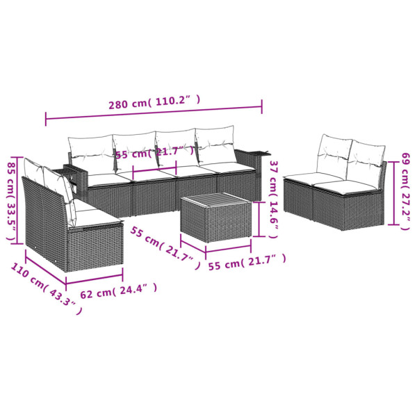 9 pcs conjunto sofás p/ jardim com almofadões vime PE cinzento M 3