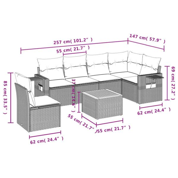 7 pcs conjunto sofás p/ jardim c/ almofadões vime PE cinzento M 3