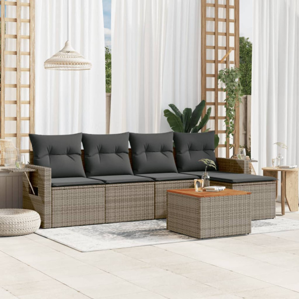 Set de muebles de jardín 6 pzas y cojines ratán sintético gris D