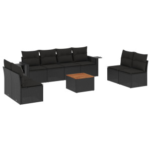 9 pcs conjunto de sofás p/ jardim c/ almofadões vime PE preto H