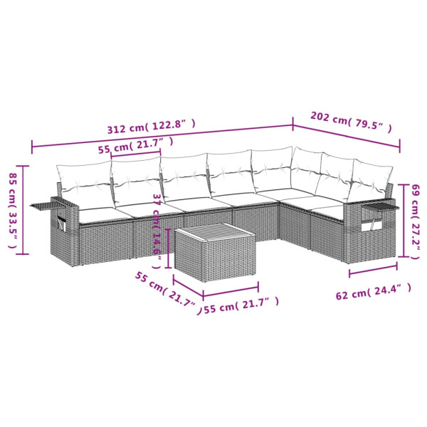 8 pcs conjunto sofás de jardim com almofadões vime PE preto M 3