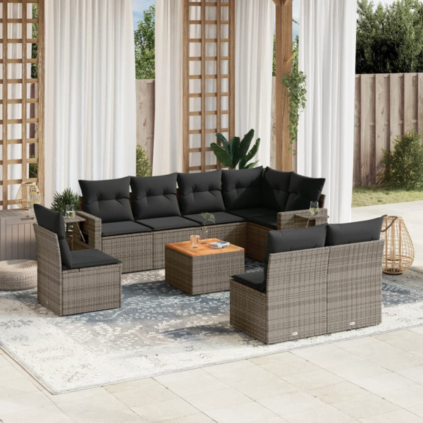 9 pcs conjunto sofás p/ jardim com almofadões vime PE cinzento D