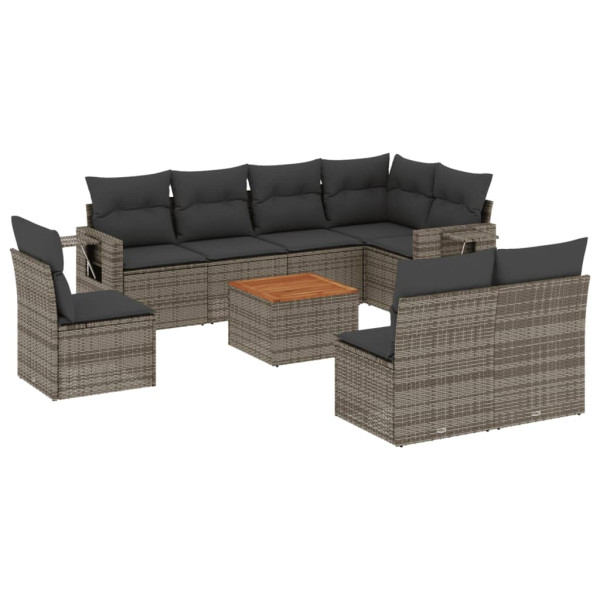 Set de muebles de jardín 9 pzas y cojines ratán sintético gris M 2