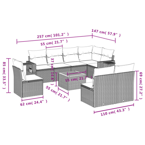 Set de muebles de jardín 9 pzas y cojines ratán sintético gris M 3