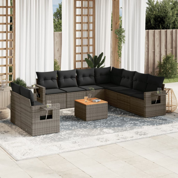 Set de sofás de jardín 10 pzas con cojines ratán sintético gris D