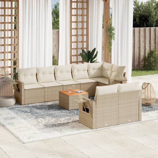 Set de sofás de jardín 9 pzas con cojines ratán sintético beige D
