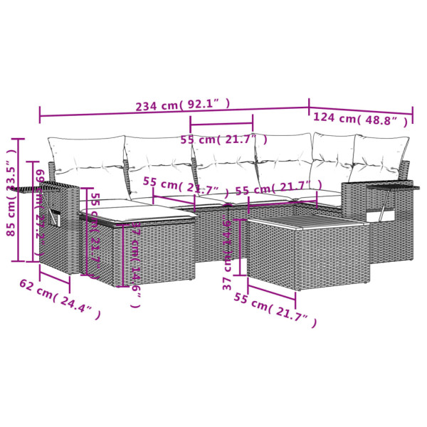 7 pcs conjunto de sofás p/ jardim c/ almofadões vime PE preto M 3
