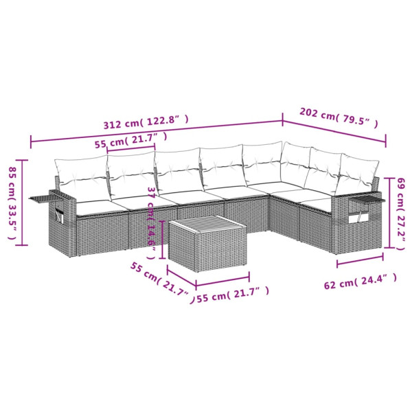 Set de sofás de jardín 8 pzas y cojines ratán sintético gris M 3