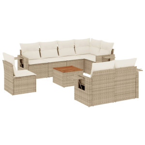 9 pcs conjunto de sofás p/ jardim com almofadões vime PE bege H