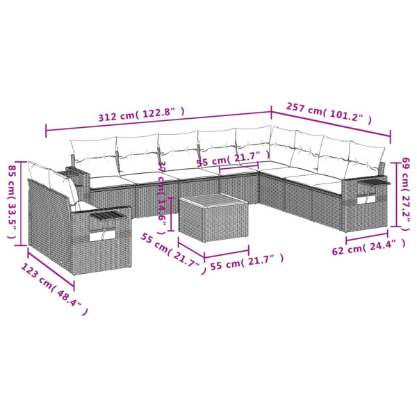 Set de sofás de jardín 11pzas con cojines ratán sintético beige M 3