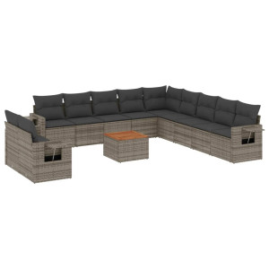 12 pcs conjunto de sofás jardim c/ almofadões vime PE cinzento H