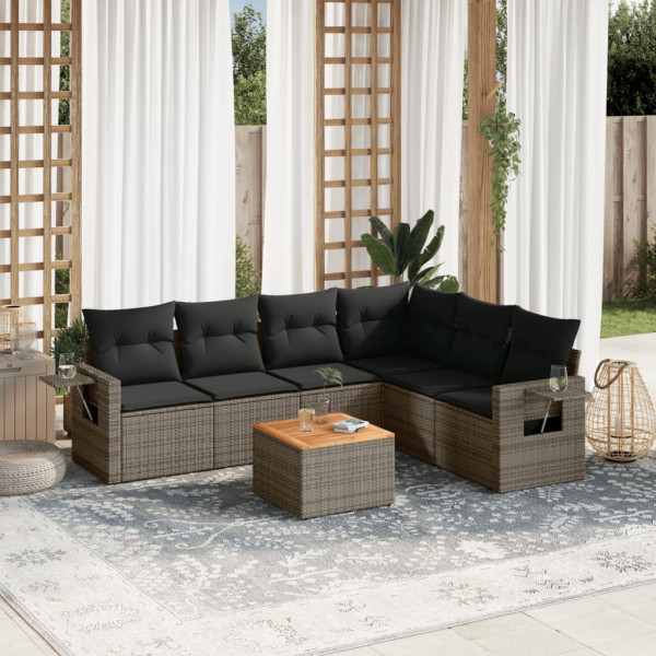 7 pcs conjunto sofás p/ jardim c/ almofadões vime PE cinzento D