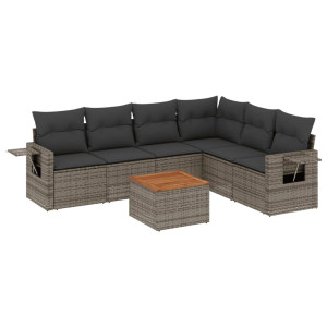 7 pcs conjunto sofás p/ jardim c/ almofadões vime PE cinzento H
