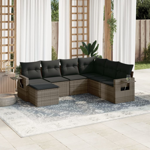 Set de sofás de jardín 7 piezas con cojines ratán PE gris D