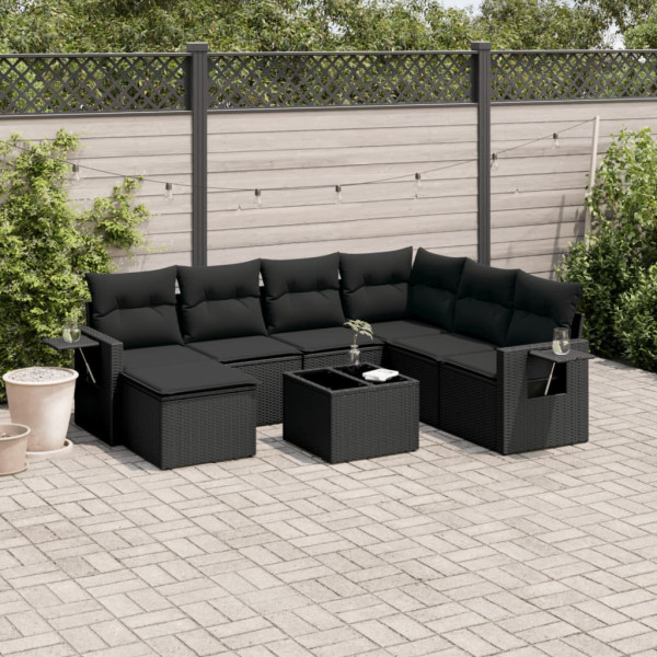 8 pcs conjunto sofás de jardim com almofadões vime PE preto D
