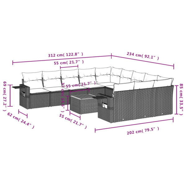 12 pcs conjunto de sofás de jardim c/ almofadões vime PE preto M 3