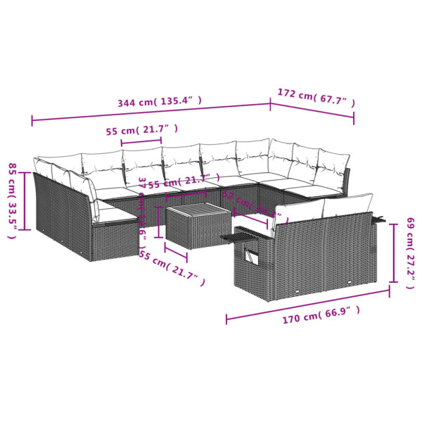 13 pcs conjunto sofás p/ jardim c/ almofadões vime PE cinzento M 3