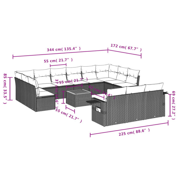 14 pcs conjunto de sofás p/ jardim c/ almofadões vime PE preto M 3