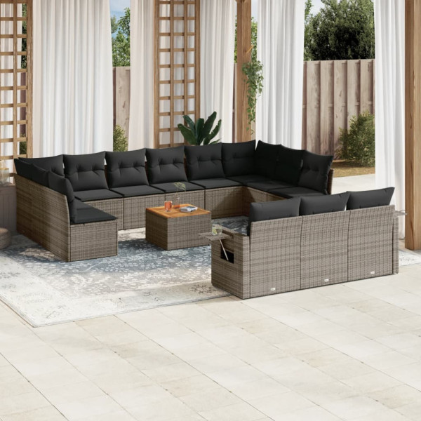 14 pcs conjunto sofás p/ jardim c/ almofadões vime PE cinzento D