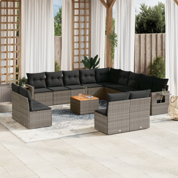 Set de sofás de jardín 14 pzas con cojines ratán sintético gris D