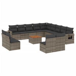 14 pcs conjunto sofás p/ jardim c/ almofadões vime PE cinzento H
