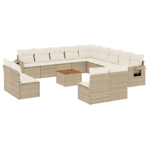 14 pcs conjunto de sofás p/ jardim com almofadões vime PE bege H