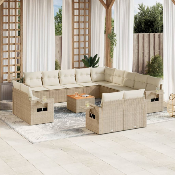 Set sofás de jardín 14 pzas con cojines ratán sintético beige D