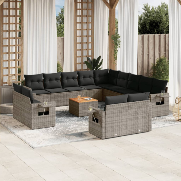 Set de sofás de jardín 14 pzas con cojines ratán sintético gris D