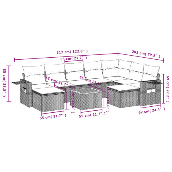 10 pcs conjunto de sofás p/ jardim com almofadões vime PE bege M 3