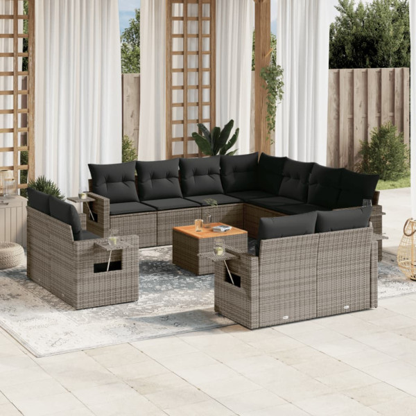 Set de sofás de jardín 12 pzas con cojines ratán sintético gris D