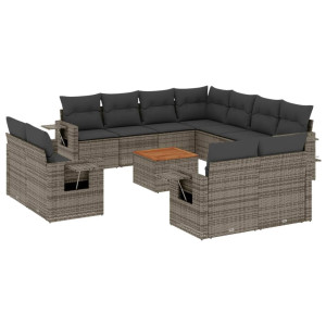 12 pcs conjunto de sofás jardim c/ almofadões vime PE cinzento H