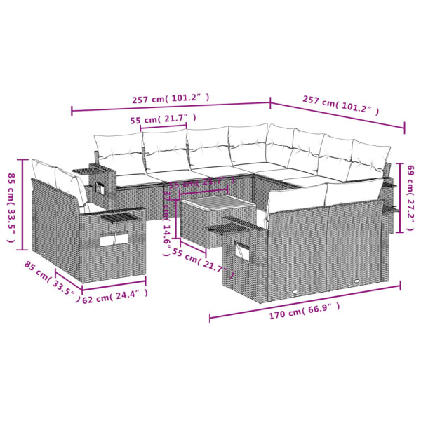 Set de sofás de jardín 12 pzas con cojines ratán sintético gris M 3