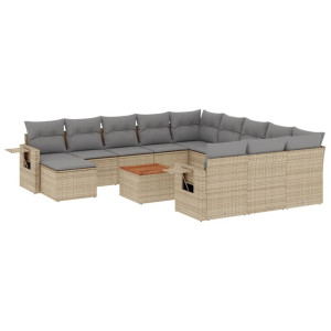 13 pcs conj. sofás jardim c/ almofadões vime PE bege misturado H