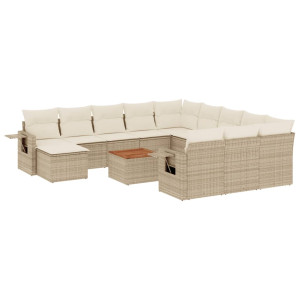 13 pcs conjunto de sofás p/ jardim com almofadões vime PE bege H