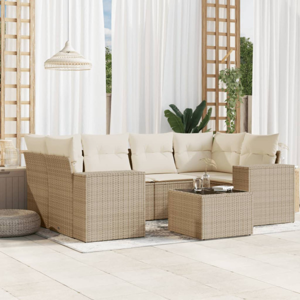 Set sofás de jardín 7 piezas y cojines ratán sintético beige D