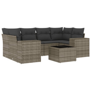7 pcs conjunto sofás p/ jardim c/ almofadões vime PE cinzento H