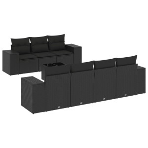 8 pcs conjunto sofás de jardim com almofadões vime PE preto H