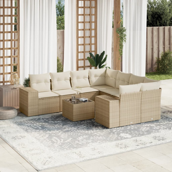 9 pcs conjunto de sofás p/ jardim com almofadões vime PE bege D