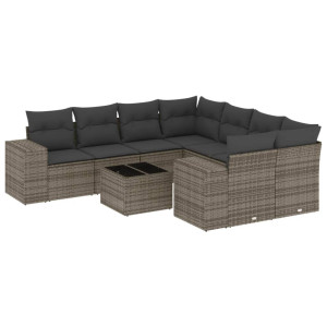 9 pcs conjunto sofás p/ jardim com almofadões vime PE cinzento H